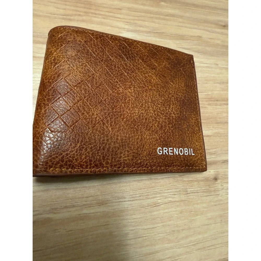 Grenobil Mens Bifold Wallet Cognac Brown Textured Quilted PVC ID Window Zip